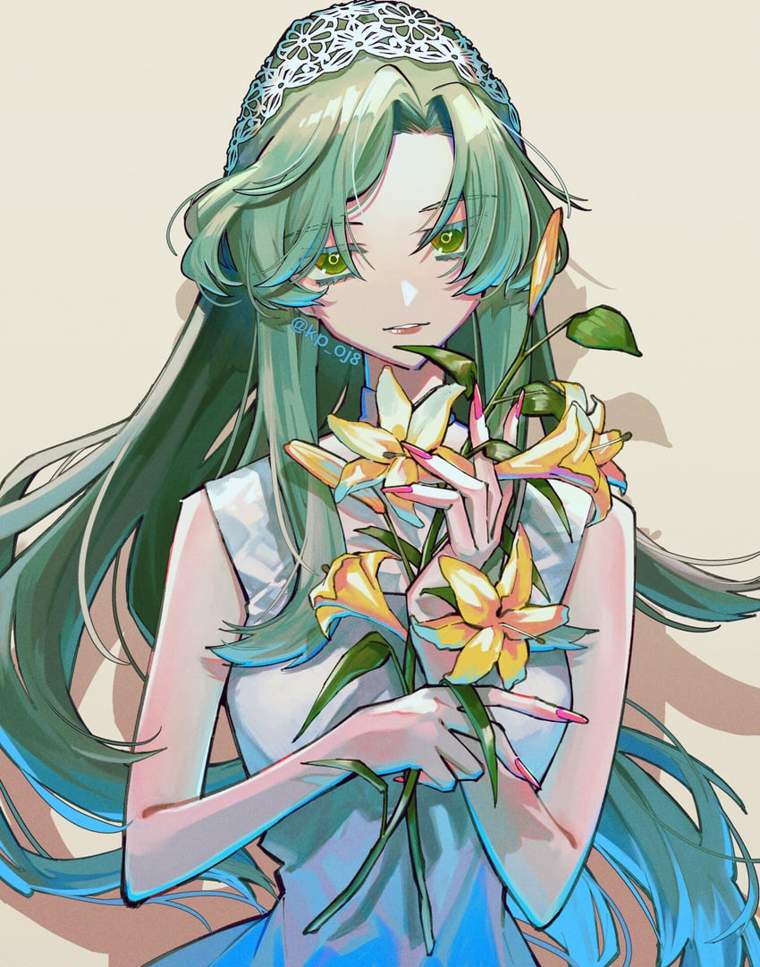 原创 1名女孩 连衣裙 指甲 花 绿眼