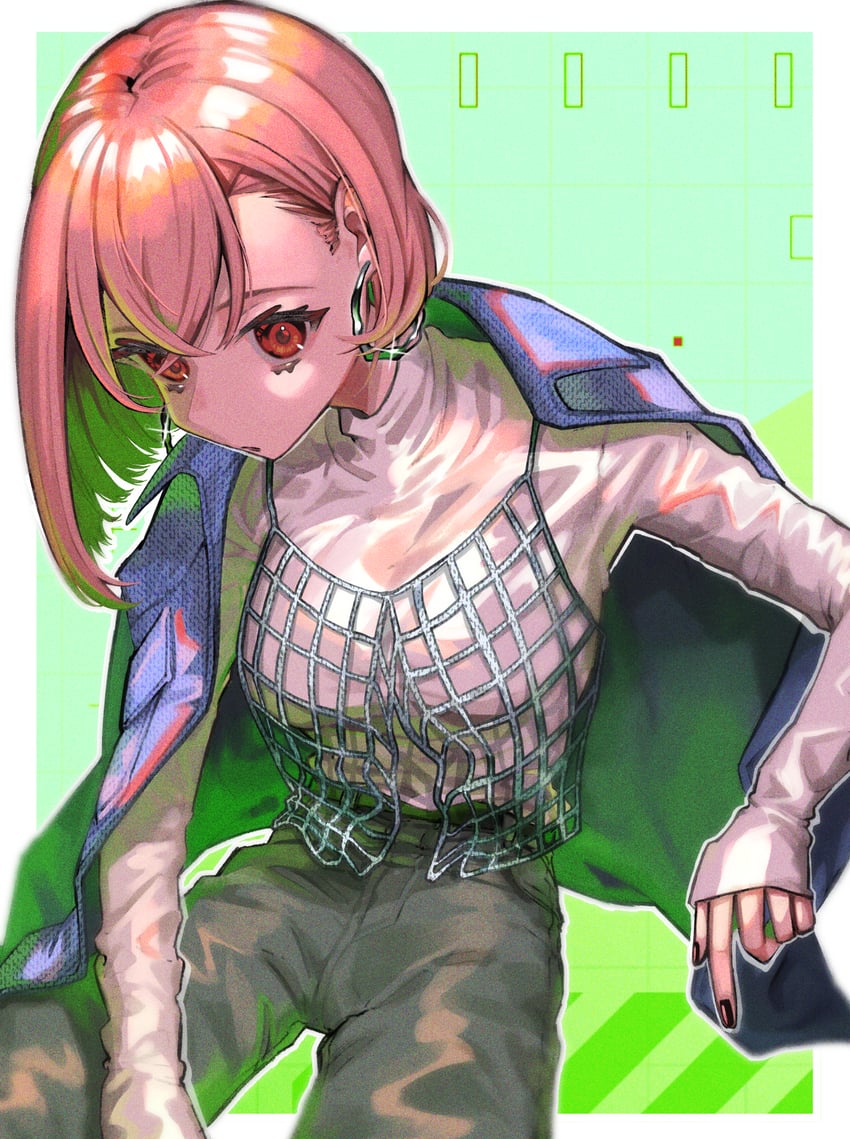 原创 1名女孩 黑色指甲 蓝色夹克 乳房 闭嘴