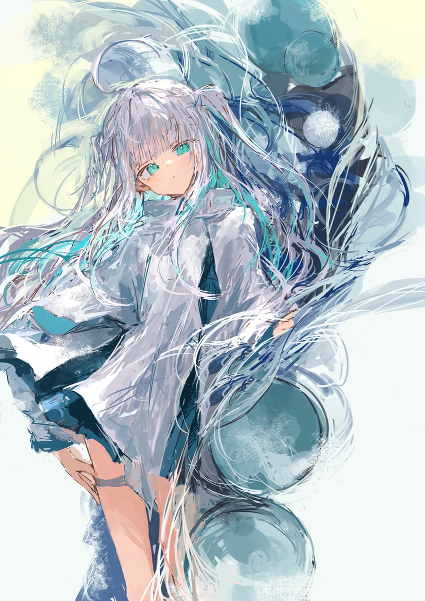原创 1名女孩 呆毛 水色瞳 水色发 黑色裙子