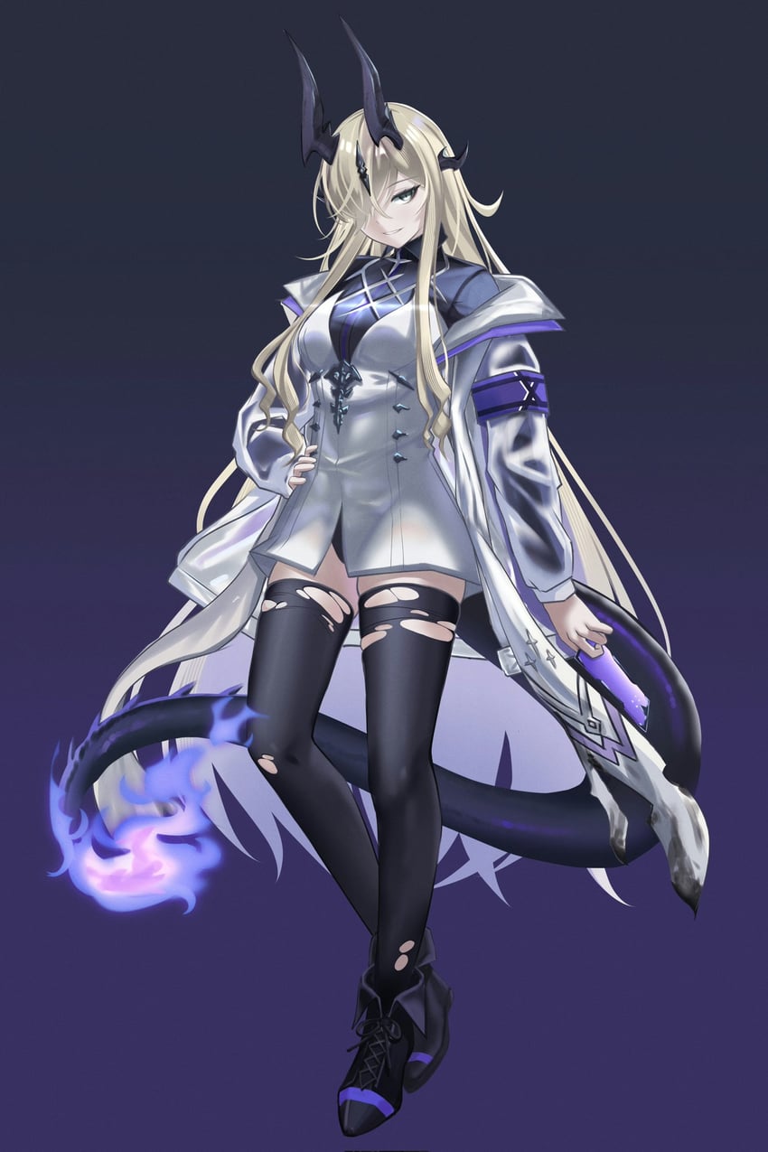 明日方舟、止颂 (明日方舟) 1名女孩 水色瞳 臂部丝带 黑色靴子 黑色过膝袜