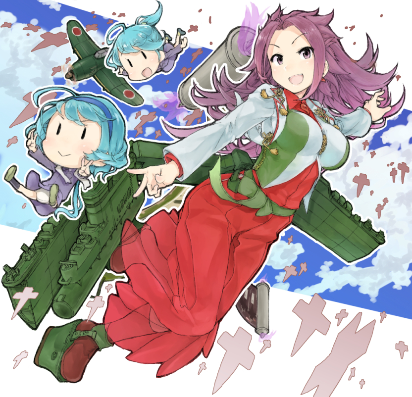 舰队Collection、妖精 (舰队收藏)、隼鹰 (舰队收藏) 3人女子 飞行器 飞机 蓝发 蓝色发带