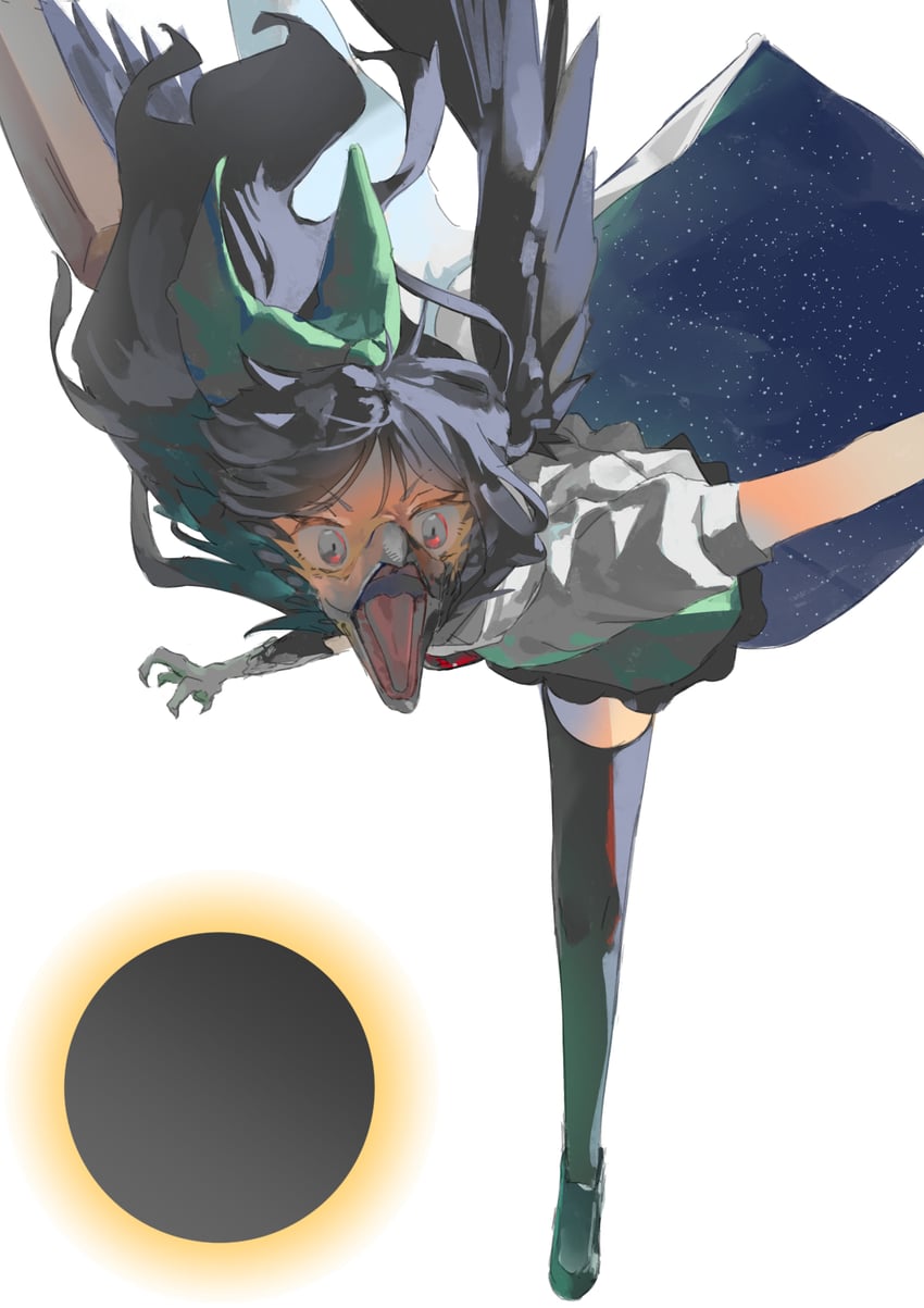 东方Project、灵乌路空 1名女孩 手臂炮 鸟喙 黑发 黑色过膝袜