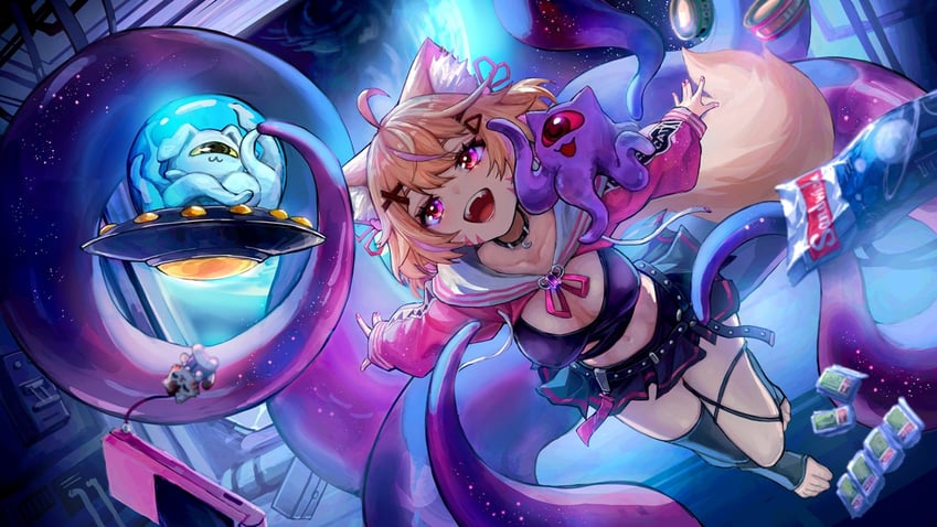 个人势虚拟主播、阿尔海特拉克佐斯、莎莉·福兰 (VTuber) 1名女孩 兽耳毛 兽耳 黑色过膝袜 金发
