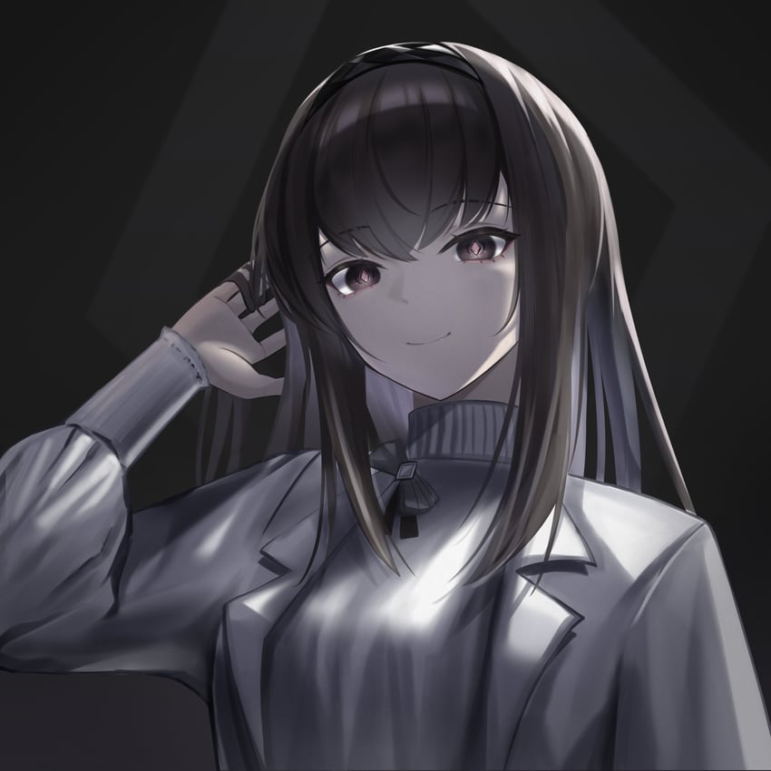 明日方舟、普瑞赛斯 (明日方舟) 1名女孩 整理头发 黑色背景 乳房 棕眼睛