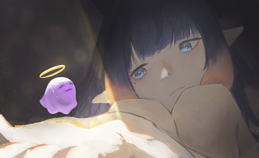 Hololive、Hololive英语、一伊那尔栖 1名女孩 蓝眼 闭嘴 渐变发 光环