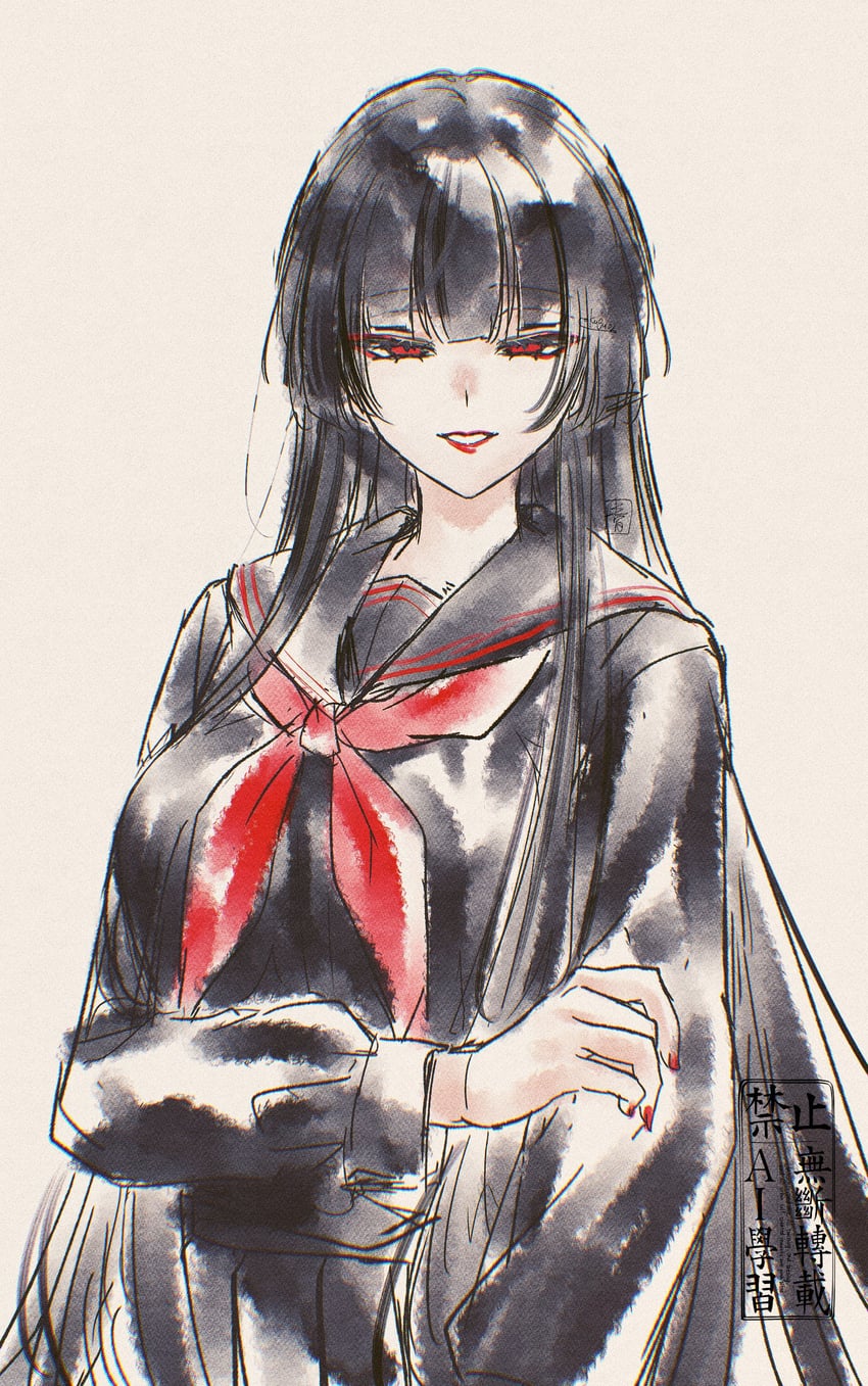 原创 1名女孩 黑色水手领 黑色水手服 黑色裙子 眼线