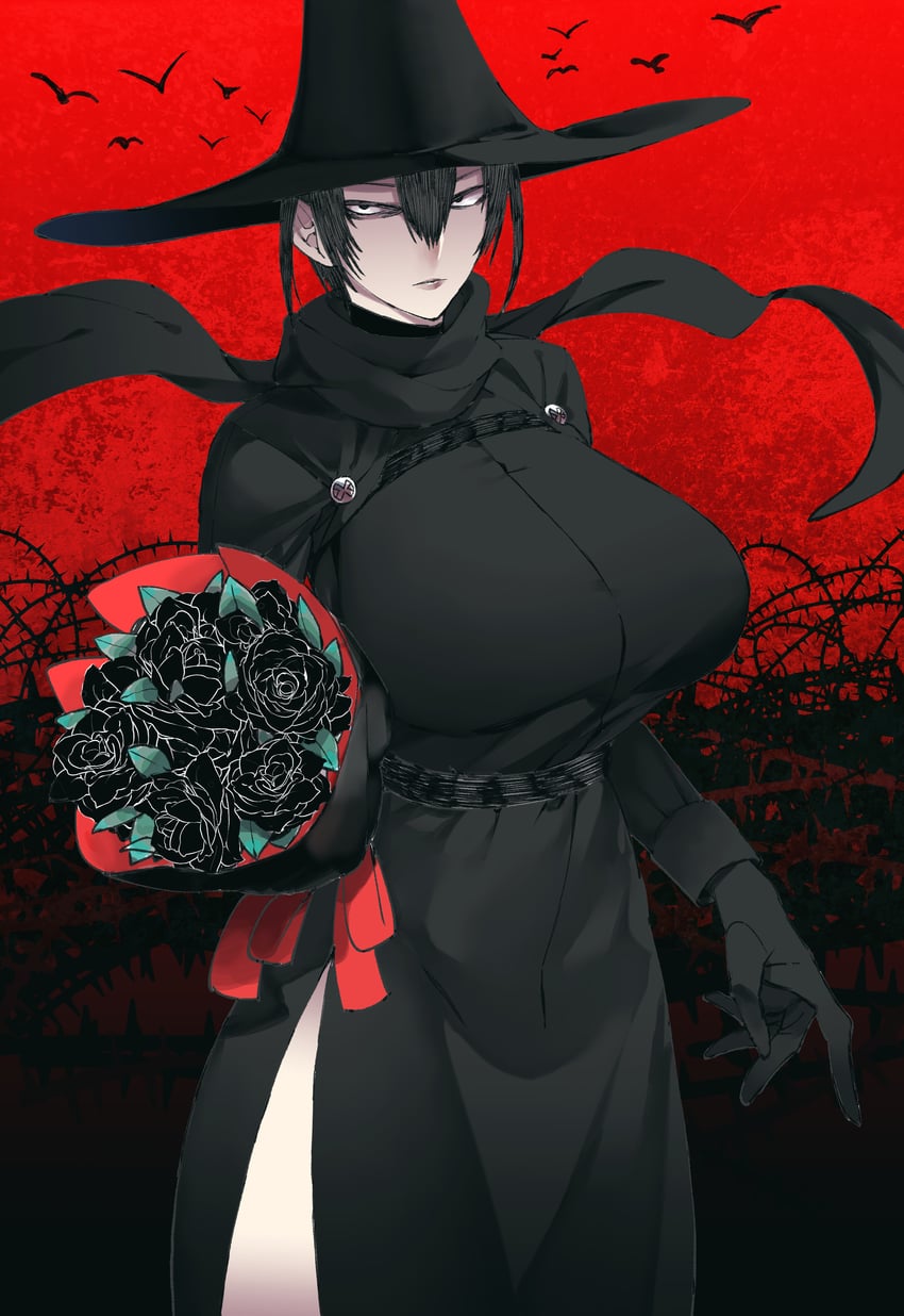 原创 1名女孩 腰带 鸟 黑色大衣 黑花