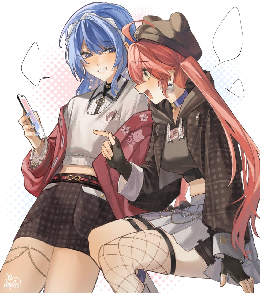 Hololive、星街彗星、樱巫女 2名女孩 黑色手套 黑帽子 空白对话框 蓝眼