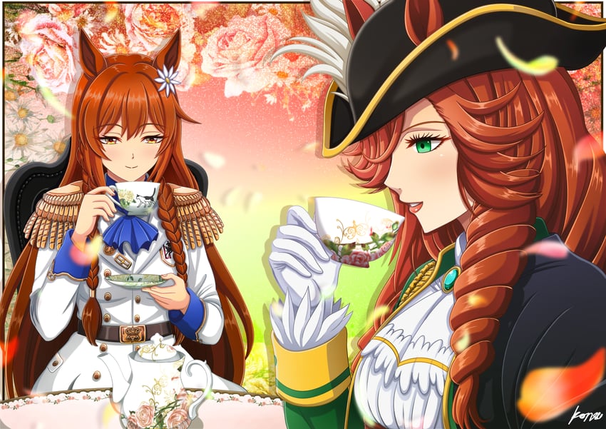 原创、赛马娘、赛马娘：芦毛灰姑娘 2名女孩 兽耳 阿斯科特领巾 腰带 蓝色细领带