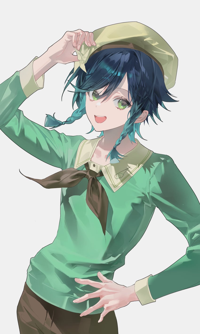 原神、温迪 (原神)、venti (spring blossom tales) (genshin impact) 1名男孩 整理衣服 整理头饰 举手 贝雷帽