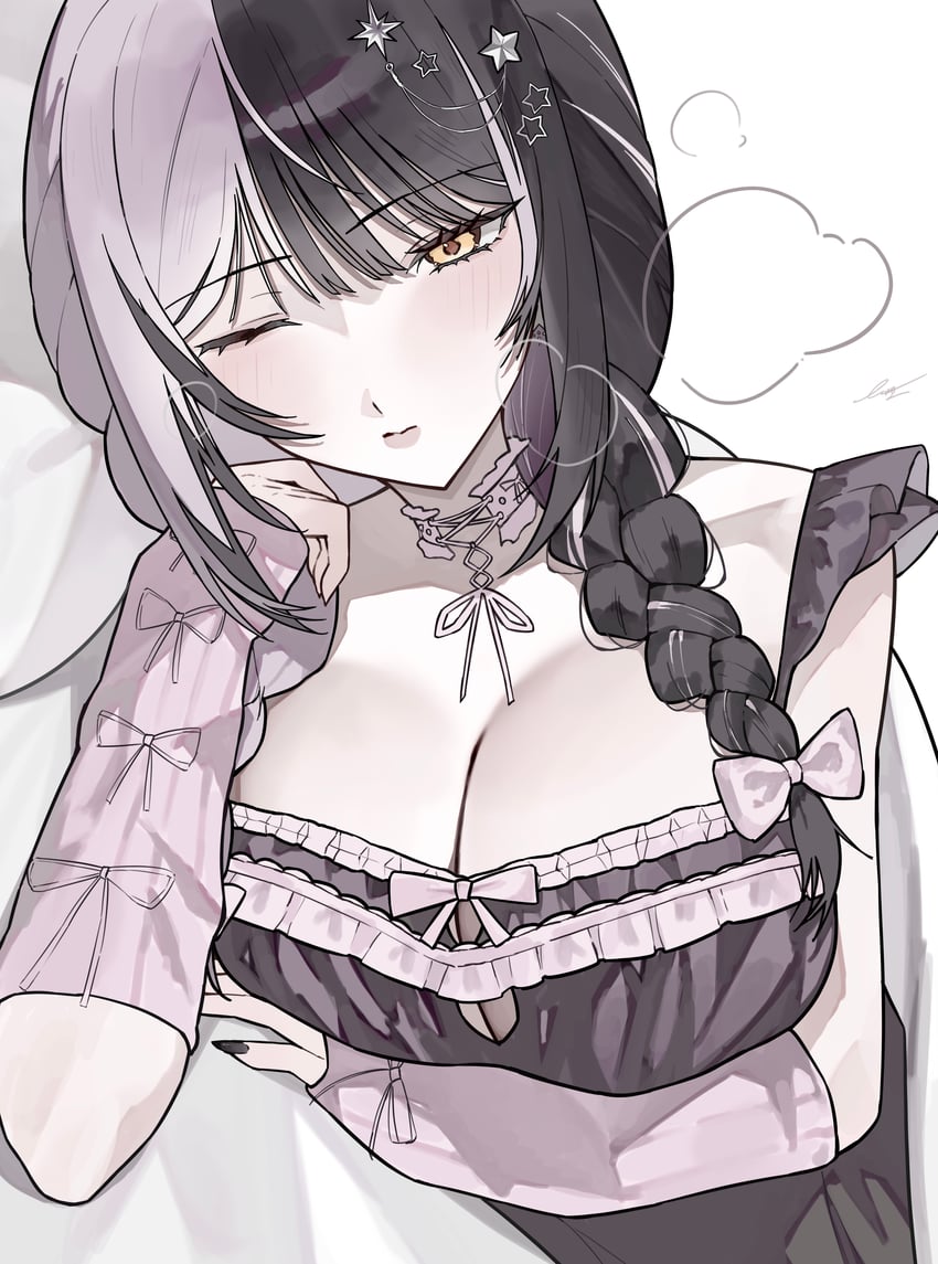 Hololive、Hololive英语、诗织·诺维拉 1名女孩 黑发 蝴蝶结 辫子 乳房