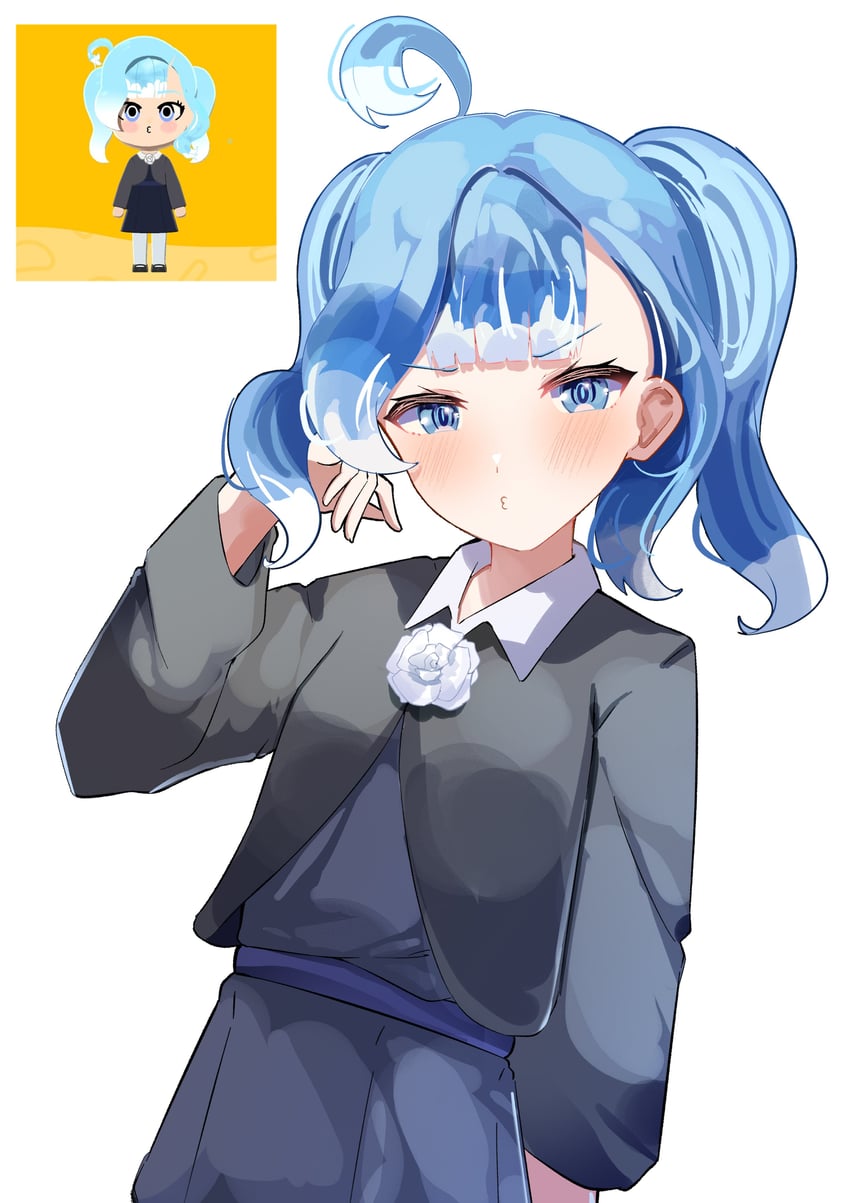 Hololive、Hololive Indonesia、朋友聚会 1名女孩 蓝眼 蓝发 脸红 长发