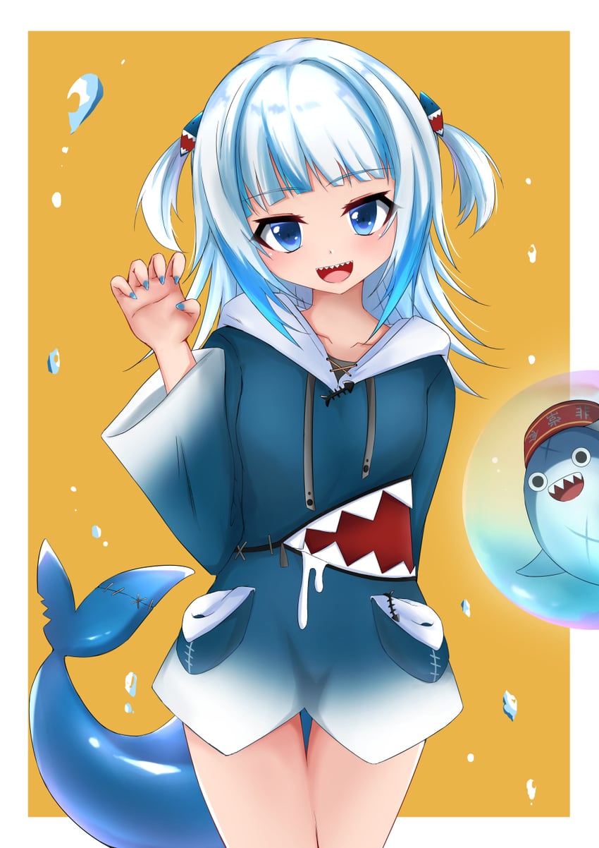 Hololive、Hololive英语、Bloop 蓝色连帽衫 蓝色指甲 蓝色挑染 鳍 鱼尾