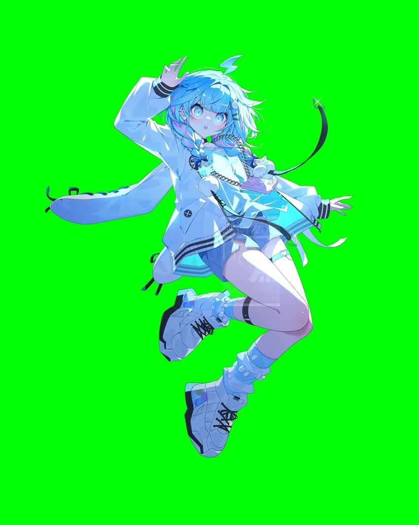 Hololive、hololive DEV_IS、水宫飒 1名女孩 呆毛 举手 不对称腿部穿着 黑色项圈