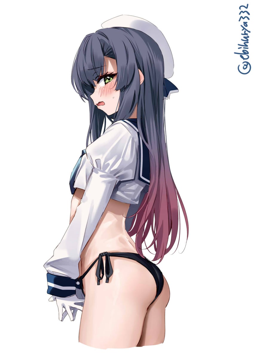 舰队Collection、松轮 (舰队Collection) 1名女孩 屁股 贝雷帽 黑发 黑色内裤