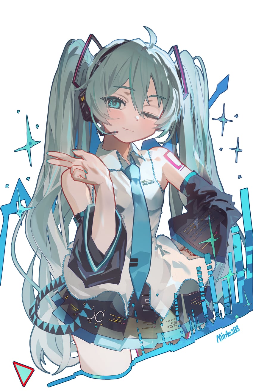 VOCALOID、初音未来 1名女孩 呆毛 水色瞳 水色发 水蓝色指甲
