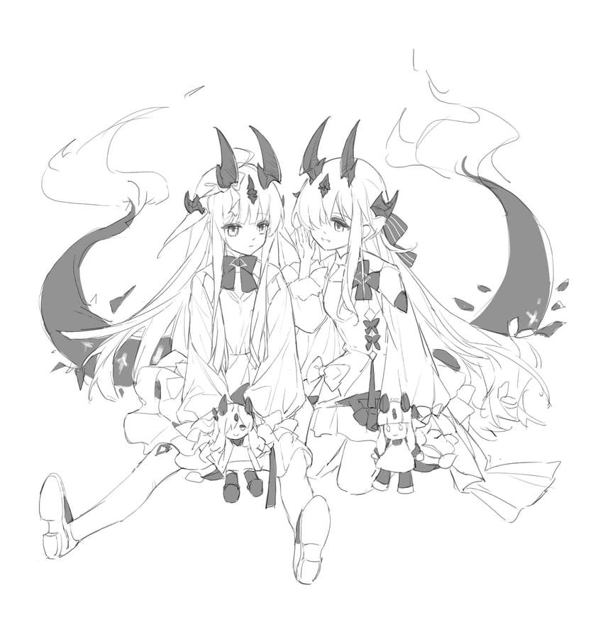 明日方舟、止颂 (明日方舟)、尼克拉斯 (幼年) (明日方舟) 2名女孩 幼化 黑色蝴蝶结 黑角 黑色尾巴