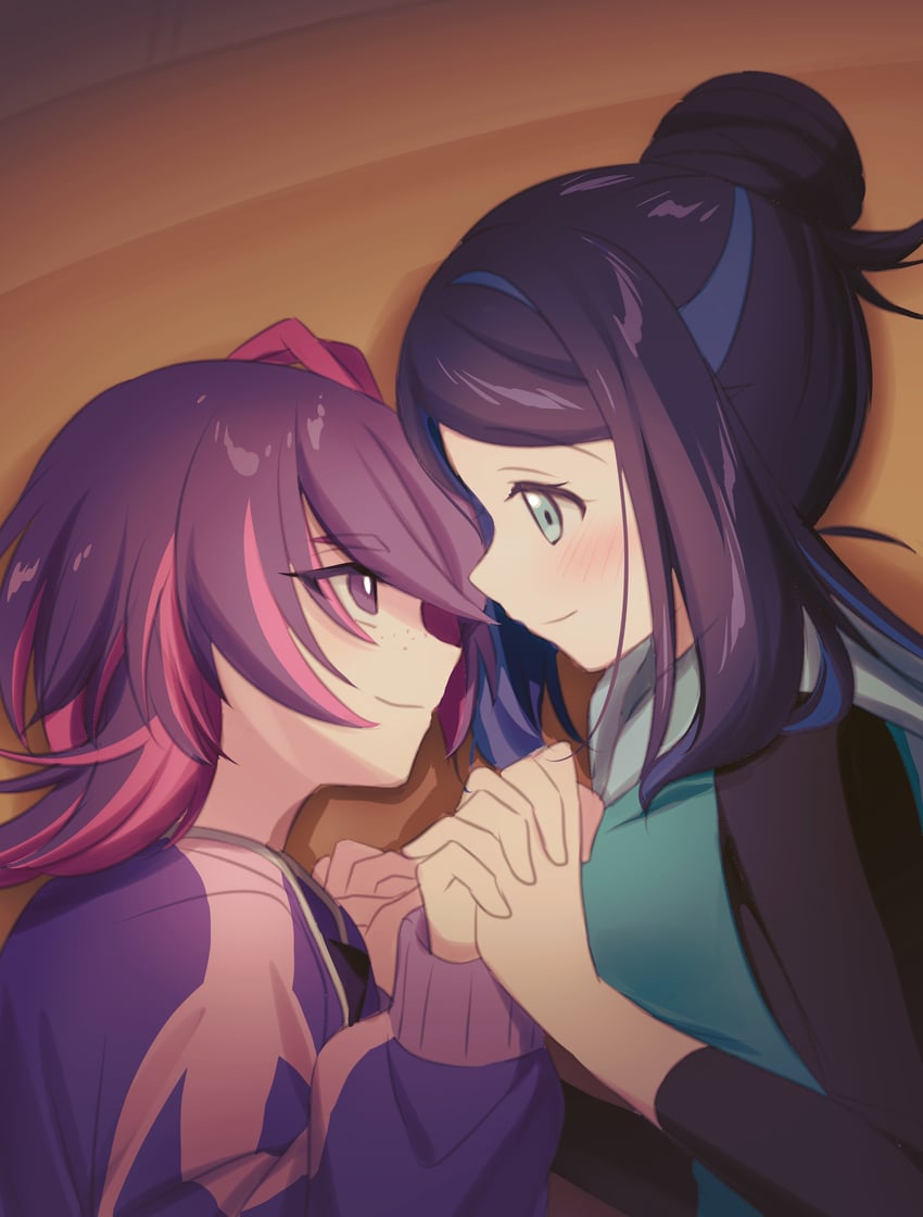 宝可梦、精灵宝可梦 (动画)、宝可梦：地平线 2名女孩 黑衬衫 蓝眼 蓝发 蓝色连帽衫