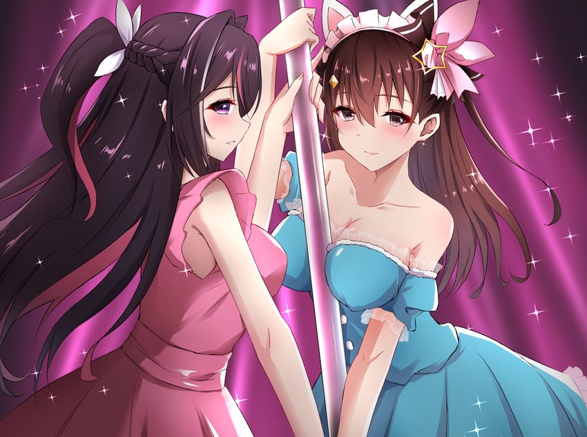 Hololive、Hololive GTA、AZKi 2名女孩 替换服装 兽耳 蓝色连衣裙 脸红