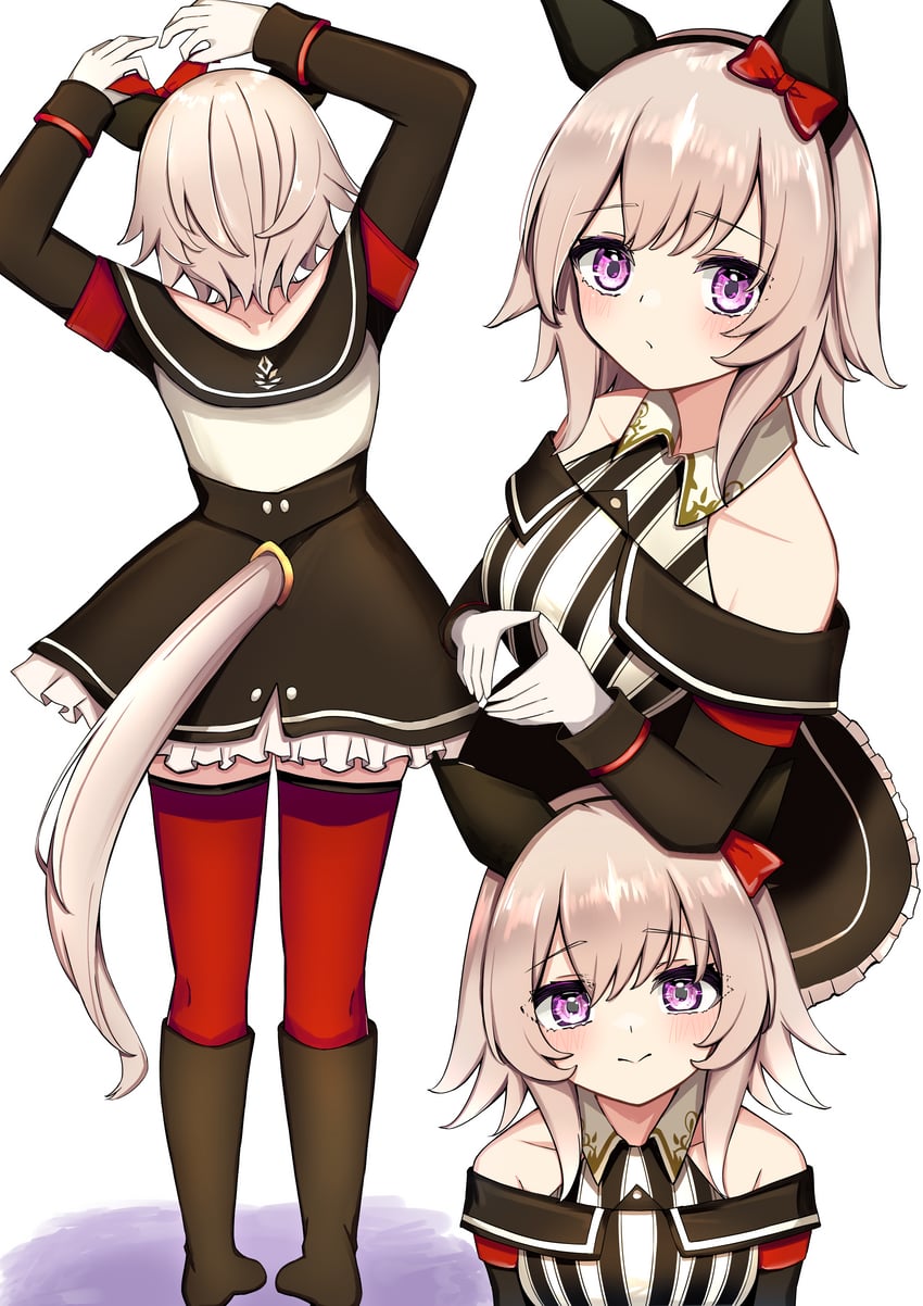 赛马娘、真机伶 (闪耀之星) (赛马娘)、真机伶 (赛马娘) 1名女孩 兽耳 露肩 黑色靴子 黑色发带