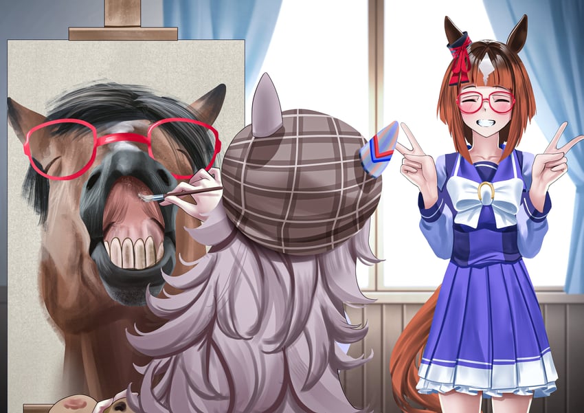 现实生活、赛马娘、transcend (racehorse) 2名女孩 兽耳 贝雷帽 脸红 蝴蝶结
