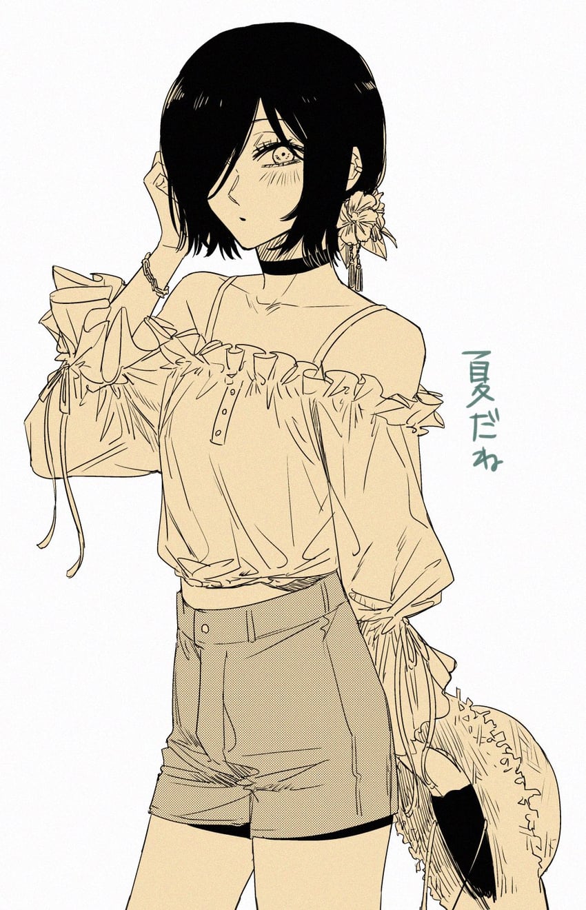 电锯人、蕾塞 (电锯人) 1名女孩 露肩 黑色项圈 黑发 脸红
