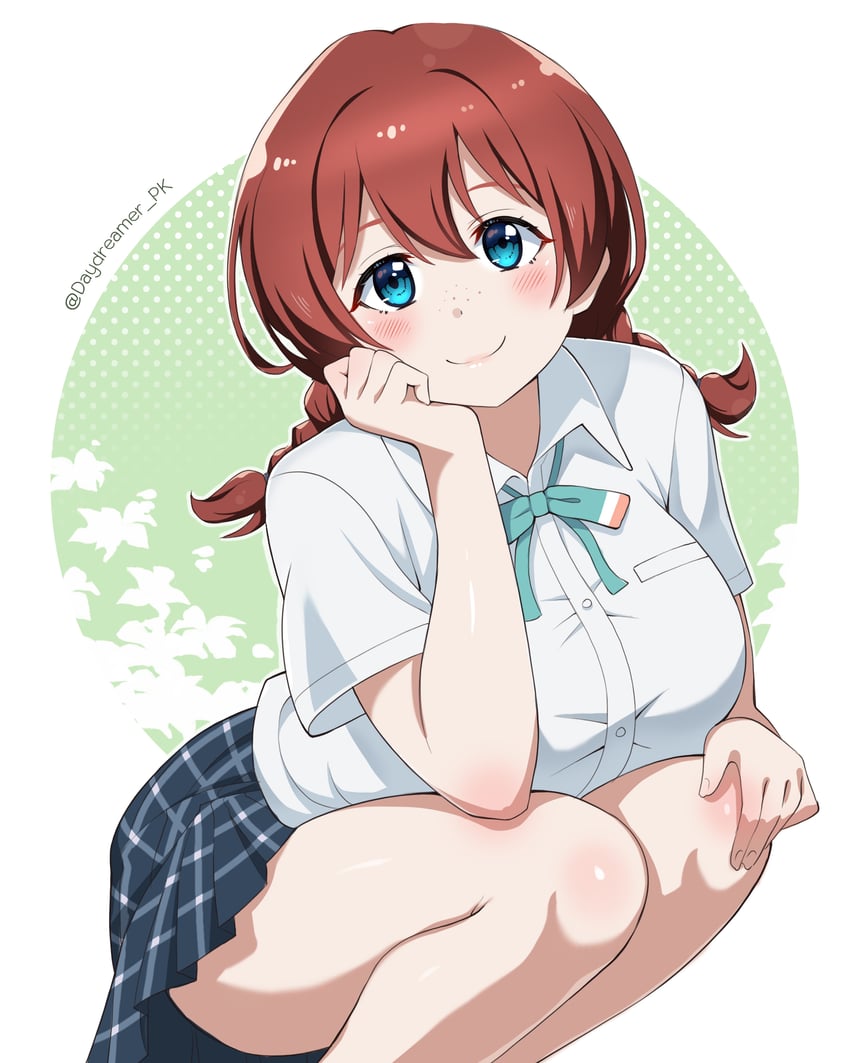 Love Live!、Love Live! 虹咲学园学园偶像同好会、艾玛·维尔德 1名女孩 黑色裙子 蓝眼 脸红 辫子
