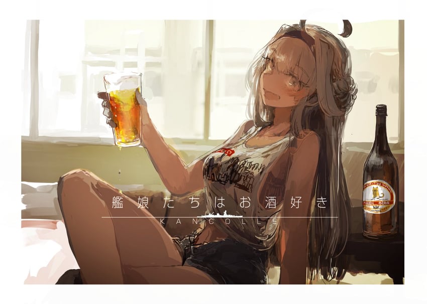 舰队Collection、金刚 (舰队收藏) 1名女孩 呆毛 酒 替换服装 啤酒