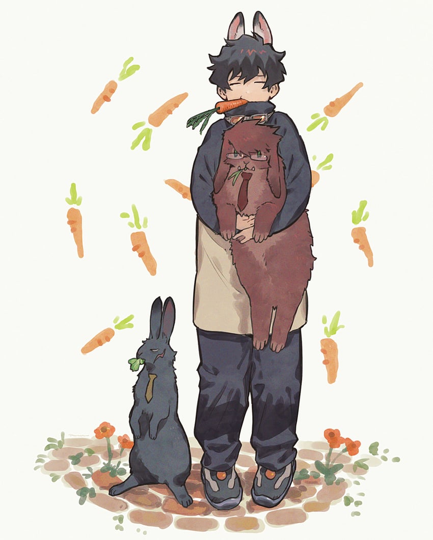 血界战线、克劳斯·V·莱因赫兹、雷欧纳鲁德·渥奇 1名男孩 动物化 黑裤子 胡萝卜 闭眼