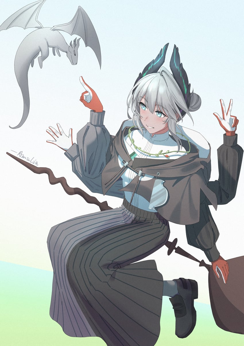 明日方舟、莱蒂亚 (明日方舟)、raidian (lorem ipsum) (arknights) 1名女孩 黑色夹克 黑色裙子 蓝眼 扫帚