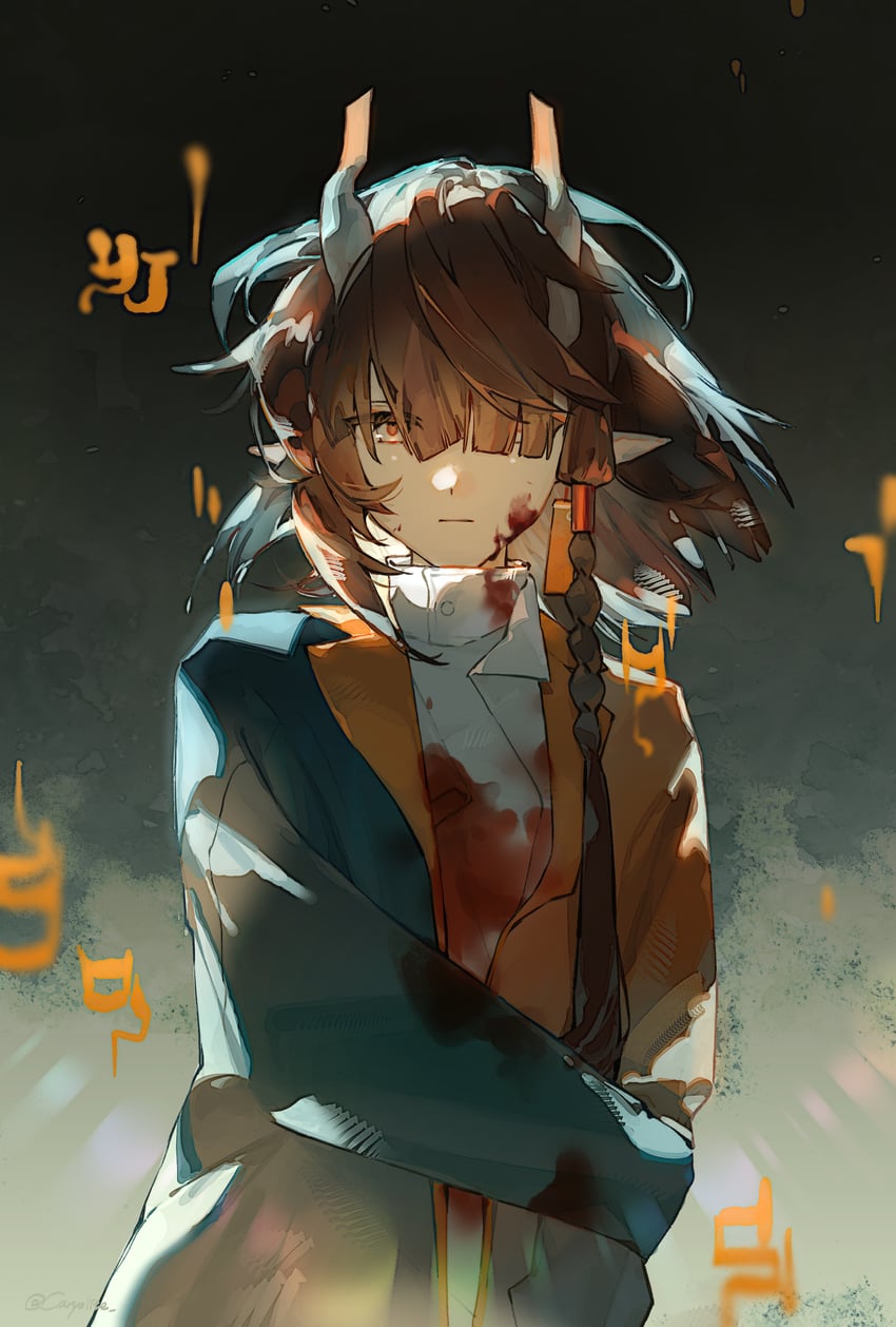 明日方舟、杰 (明日方舟) 1名女孩 黑色背景 血 衣服上的血迹 脸上带血