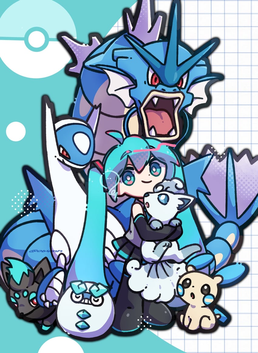 宝可梦、VOCALOID、阿罗拉六尾 1名女孩 惊讶 异色 水色瞳 水蓝色皮毛