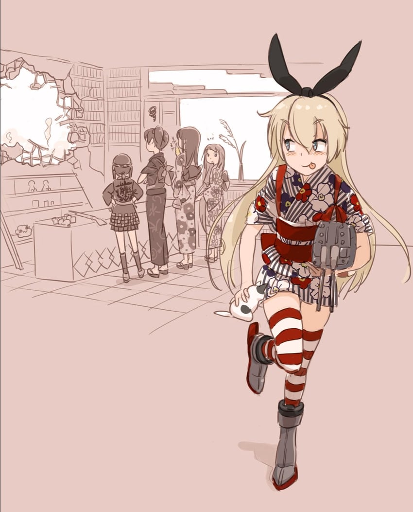 舰队Collection、赤城 (舰娘)、吹雪 (祭典) (舰娘) 5名女孩 :p 替换服装 金发 脸红