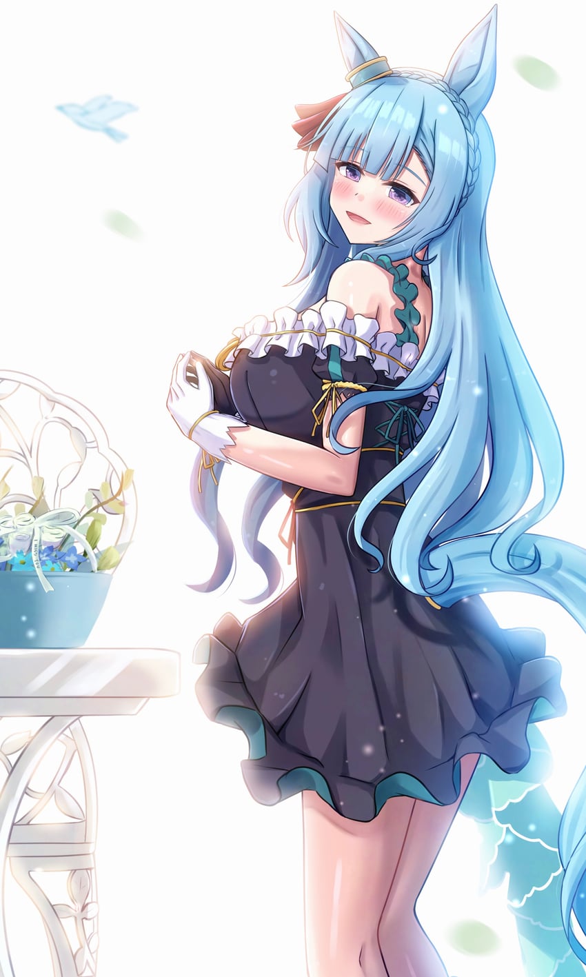 赛马娘、目白阿尔丹 (Crystalline)（赛马娘）、目白阿尔丹 (赛马娘) 1名女孩 兽耳 黑色连衣裙 蓝发 连衣裙