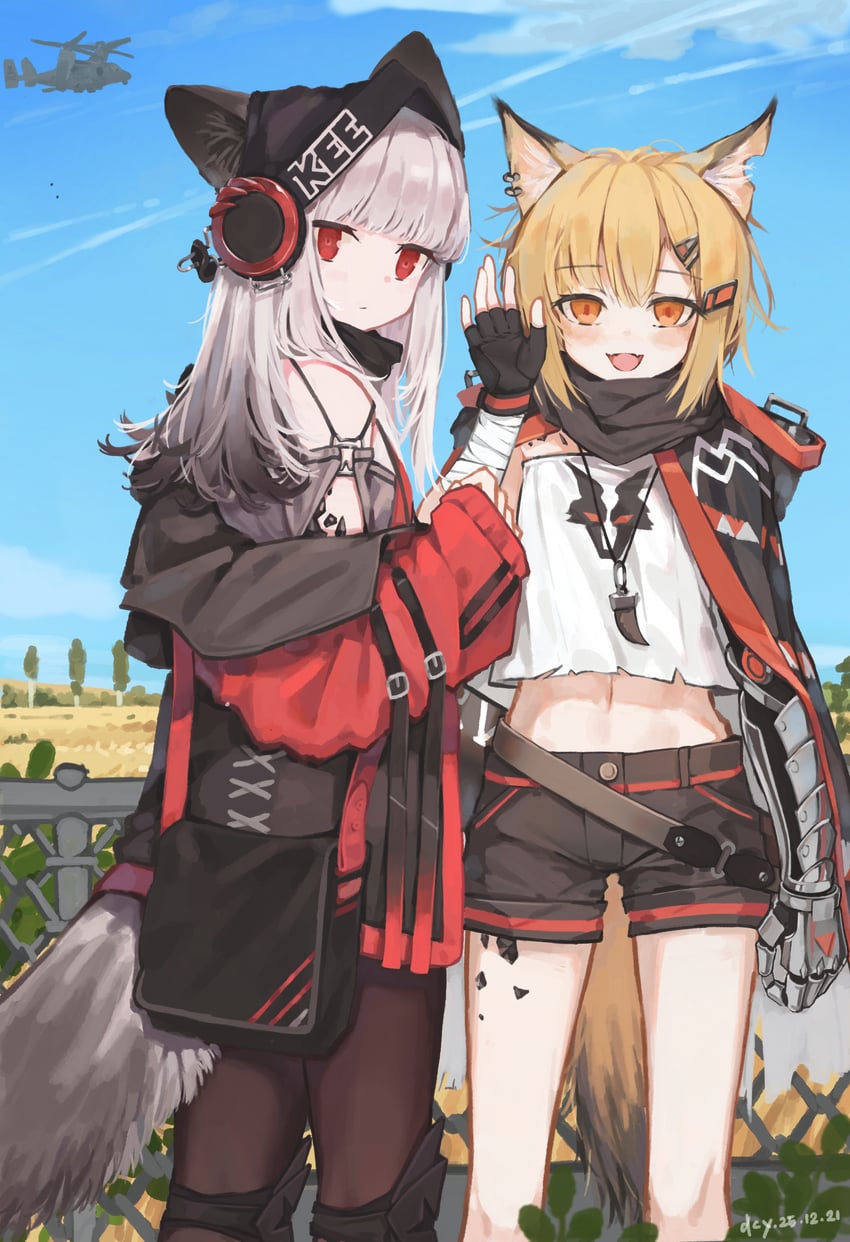 明日方舟、霜叶 (明日方舟)、红云 (明日方舟) 2名女孩 :D 飞行器 兽耳穿孔 兽耳