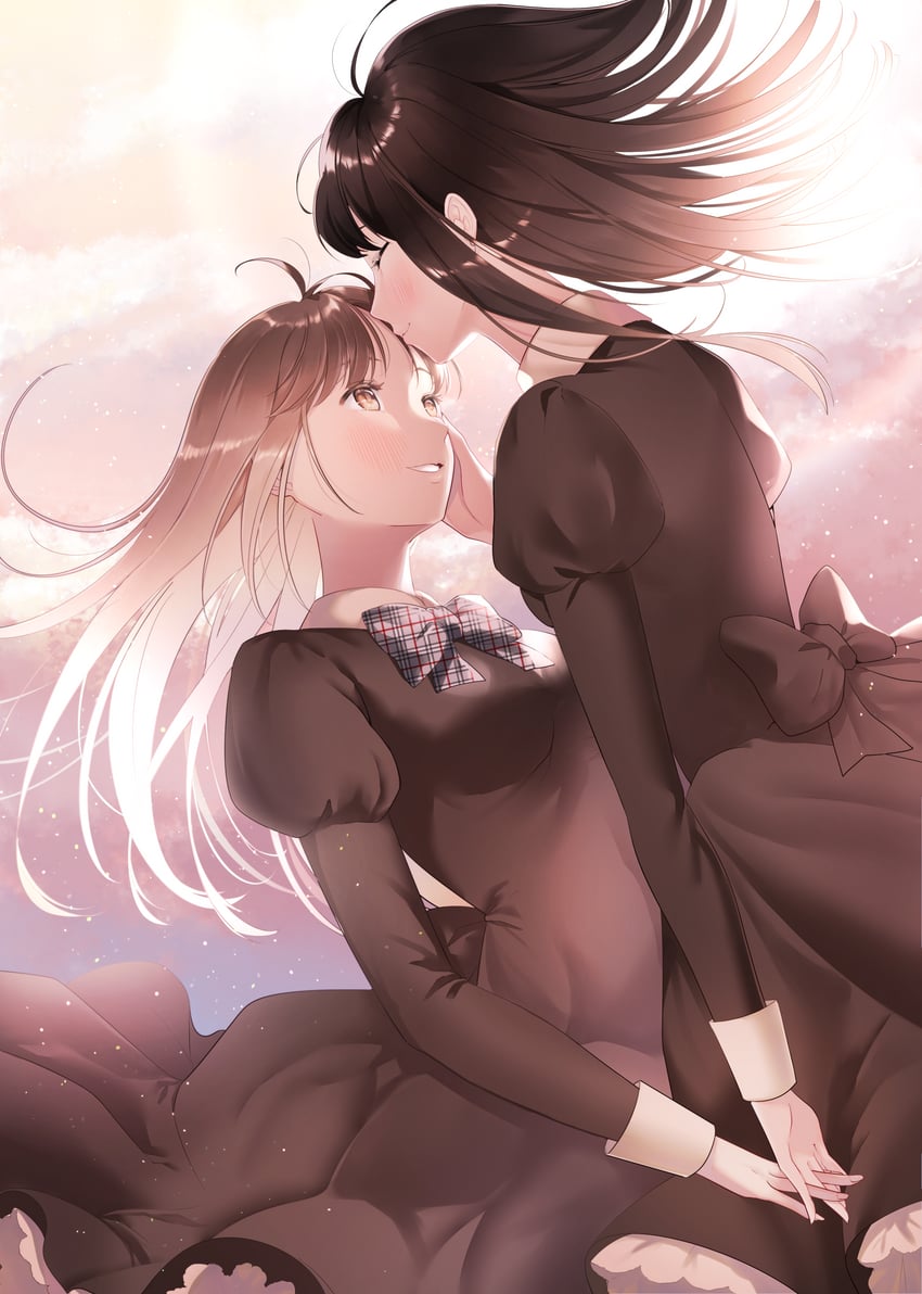 原创 2名女孩 手臂放在侧边 脸红 蝴蝶结 蝶形领结