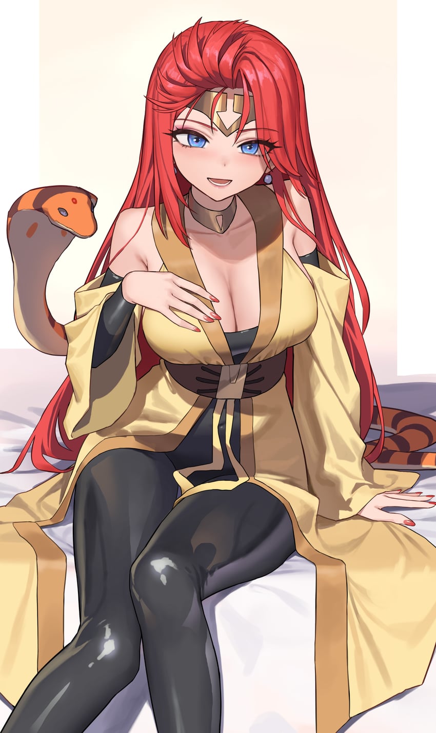 二次元插画 1名女孩 露肩 黑连裤袜 蓝眼 乳房