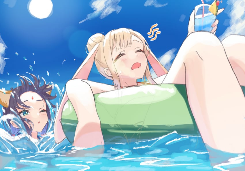 超辉夜姬!、辉夜 (超辉夜姬!)、坂寄伊吕波 2名女孩 漂浮 不同发型 兽耳 黑发