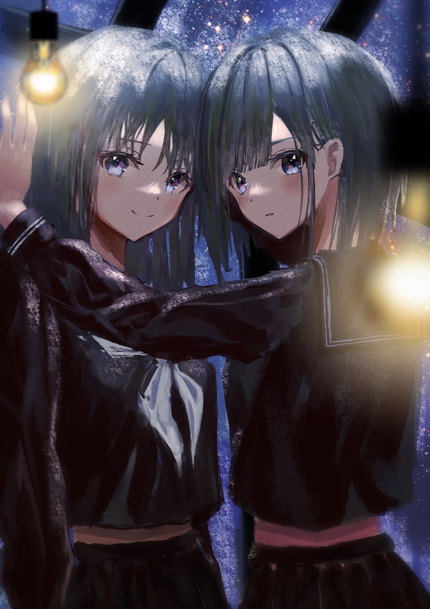 原创 2名女孩 黑发 黑色水手领 黑色水手服 黑衬衫