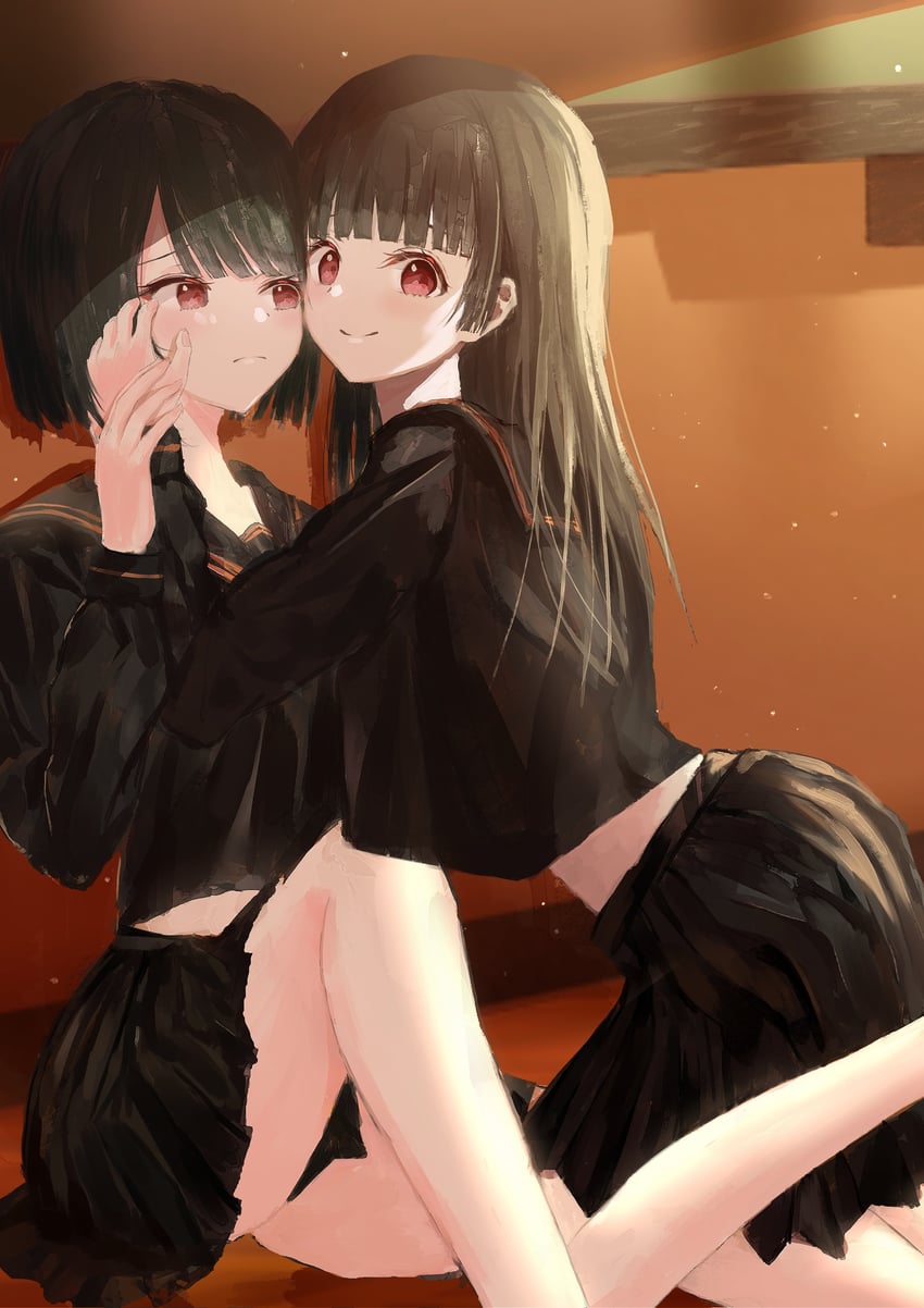 原创 2名女孩 黑发 黑色水手领 黑色水手服 黑衬衫
