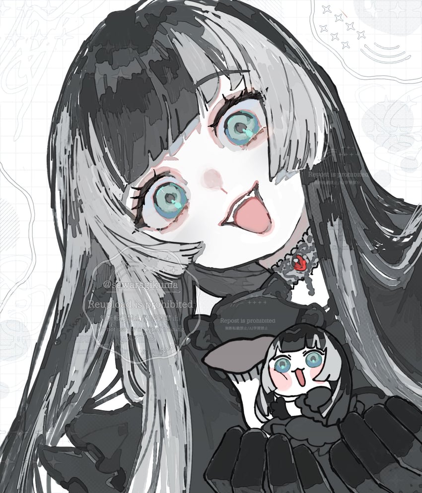 Hololive、hololive DEV_IS、儒乌风亭螺钿 2名女孩 猫脸笑 :D 黑色项圈 黑色连衣裙