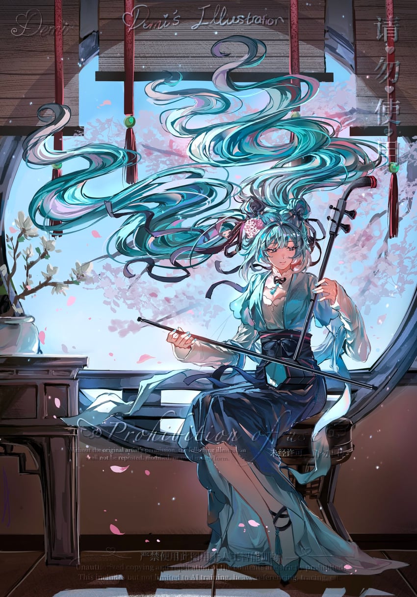 VOCALOID、初音未来 1名女孩 水蓝色连衣裙 水色发 水蓝色汉服 水蓝色指甲