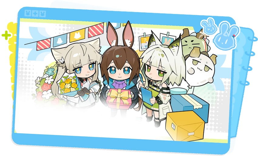 明日方舟、明日方舟：终末地、阿米娅 (明日方舟) 3人女子 猫脸笑 问号 兽耳 蓝色背景
