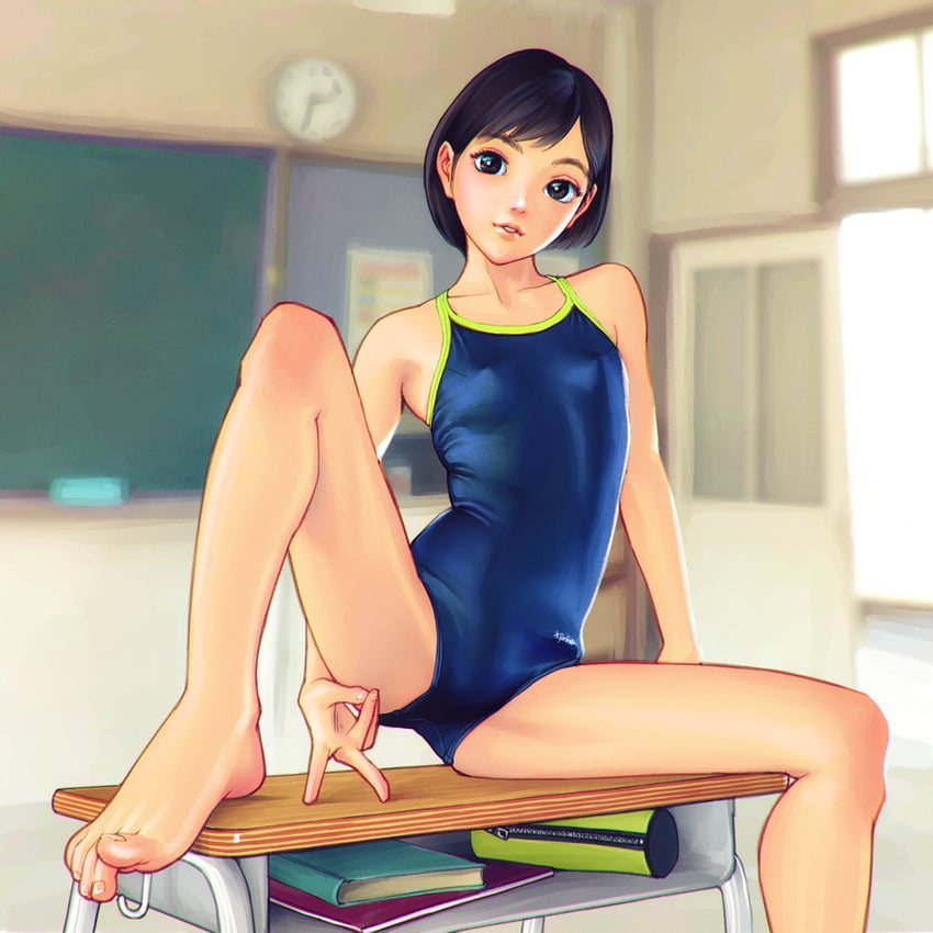 原创 1名女孩 赤脚 黑瞳 黑发 蓝色连体泳衣
