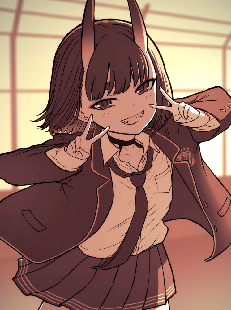 Fate/Grand Order、Fate系列、酒吞童子 (Fate) 1名女孩 项圈 双手V手势 贫乳 角