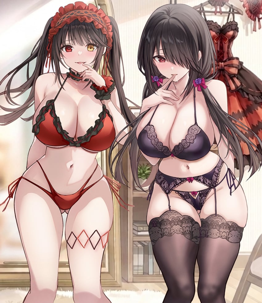 碧蓝航线、约会大作战、时崎狂三 2名女孩 屁股 大腿间可见臀部 比基尼 黑色文胸