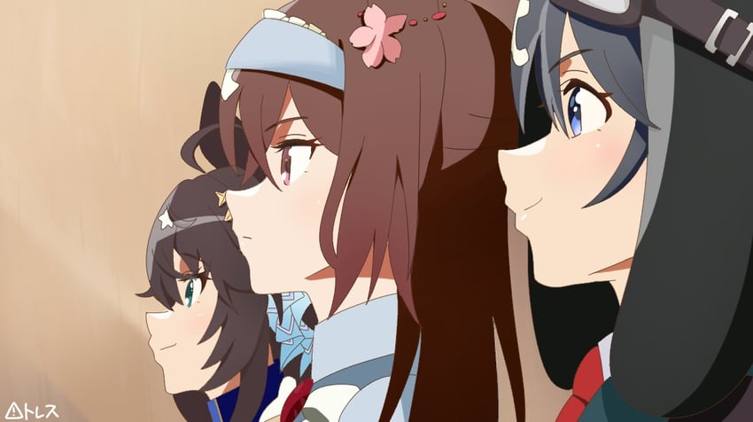 原创、赛马娘、杏目 (赛马) 3人女子 呆毛 飞行员帽 黑发 蓝眼