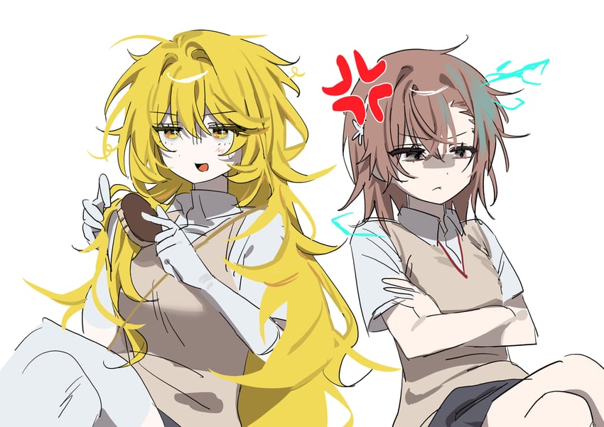 某科学的超电磁炮、魔法禁书目录、御坂美琴 2名女孩 青筋 不对称刘海 金发 乳房