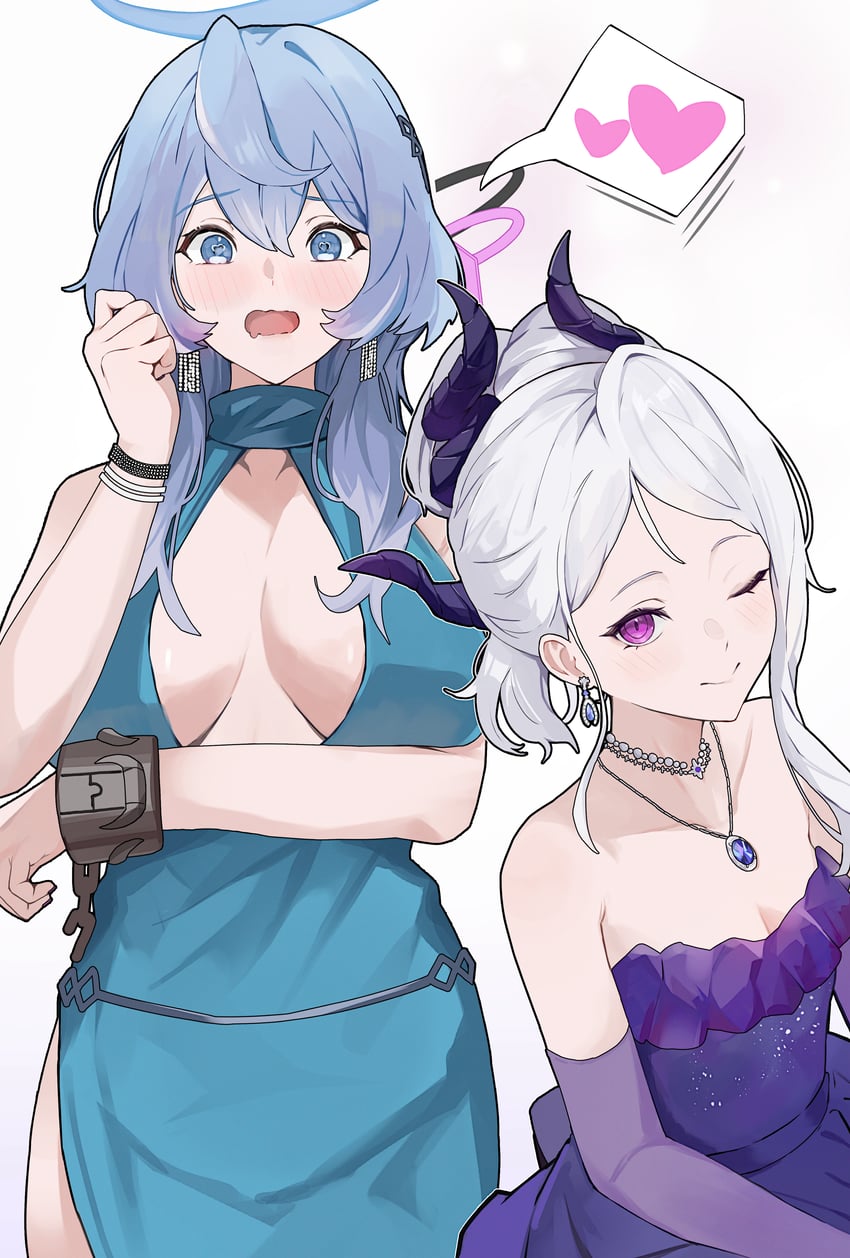 蔚蓝档案、亚子 (蔚蓝档案)、亚子 (礼服) (蔚蓝档案) 2名女孩 手臂托在乳房下 蓝色连衣裙 蓝眼 蓝发