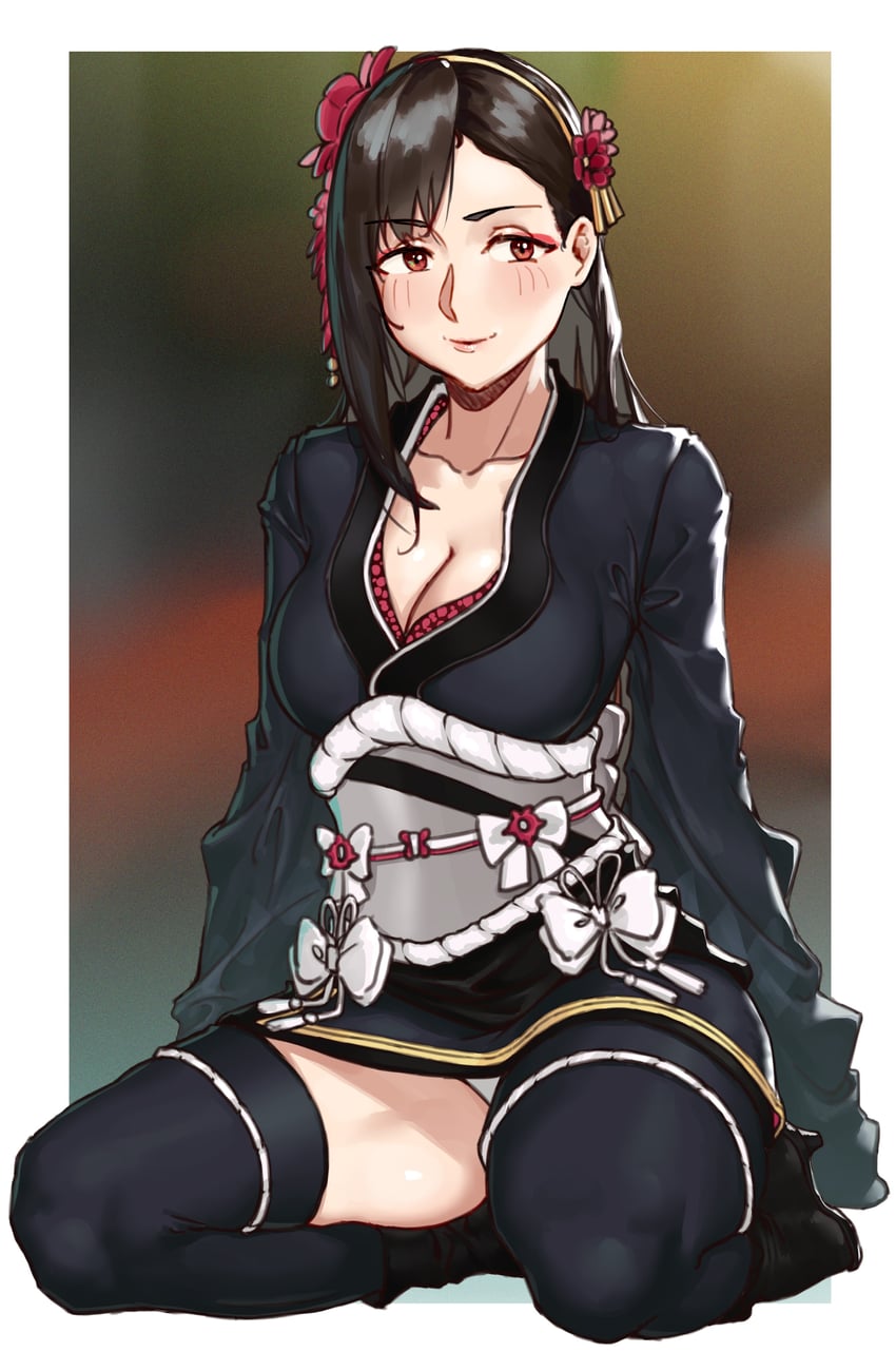 最终幻想、最终幻想VII、最终幻想7 重制版 1名女孩 黑发 黑色和服 黑色过膝袜 模糊